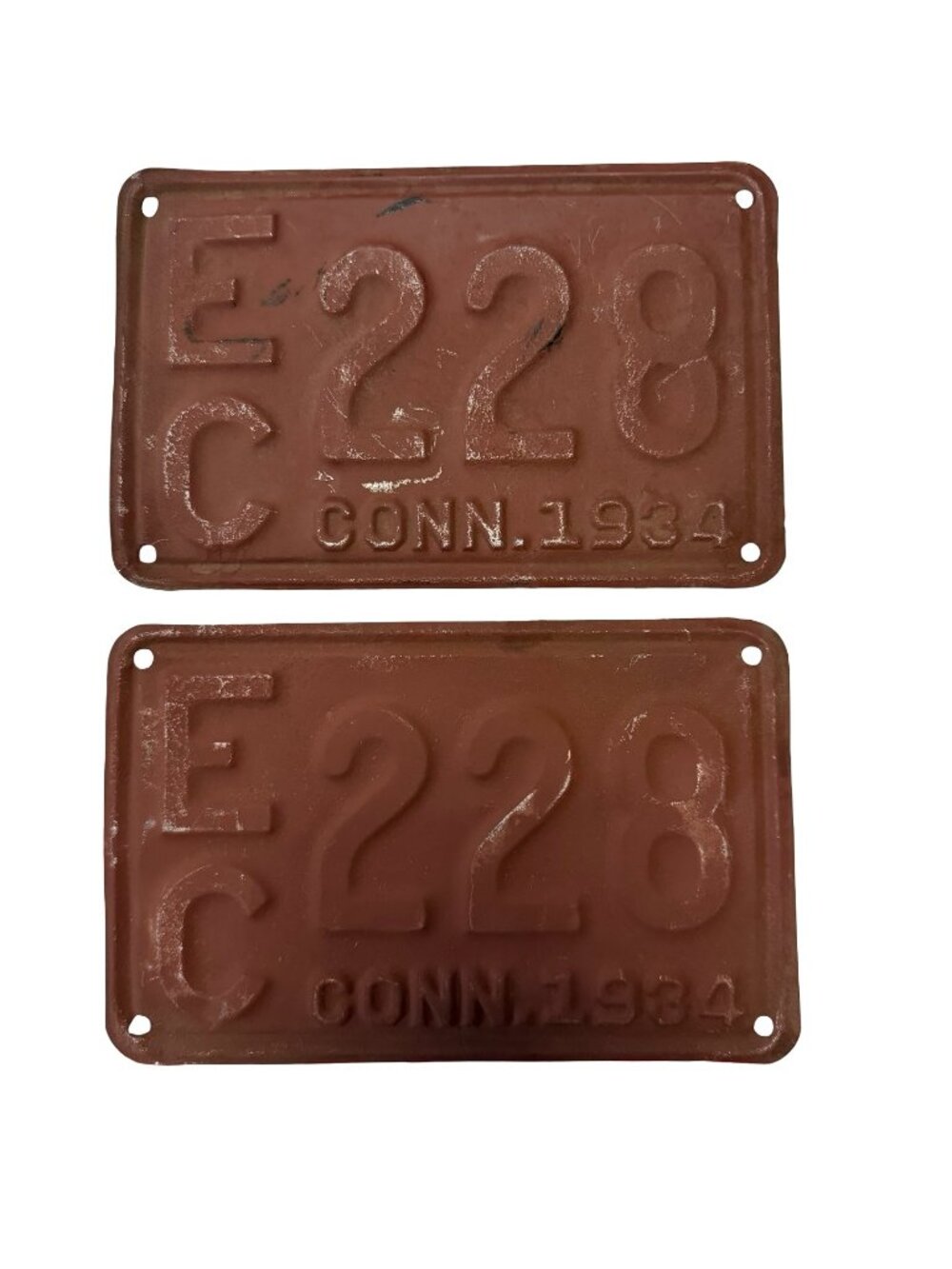 Vintage 1934 Connecticut License Plate Pair EC 228 Brown Embossed Matching Set